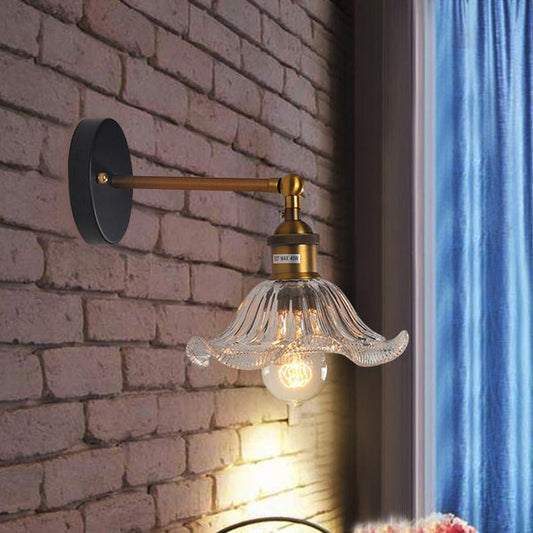 Frendorf | Klar Ribbed Glas Cone/Blumen Wandlampe Industriell 1 Licht Wohnzimmer Beleuchtung Fixture in Messing Für Esszimmer