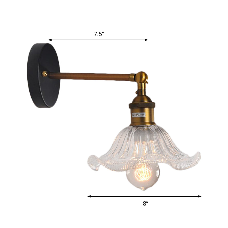 Frendorf | Klar Ribbed Glas Cone/Blumen Wandlampe Industriell 1 Licht Wohnzimmer Beleuchtung Fixture in Messing Für Esszimmer