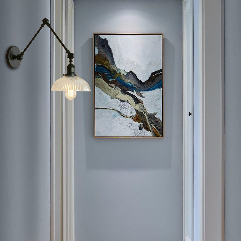 Frendorf | 1 Licht Geribbeld Glazen Wandlamp Licht Industrieel Antiek Messing/Zwart/Roest Koepel Woonkamer Verlichtingsarmatuur met Swingarm