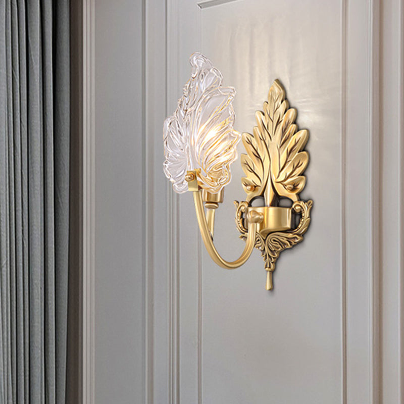 Traditionelle Palmblatt-Wandleuchte 1/2 Lichter Klarglas Wandbeleuchtung Idee mit gewölbtem Arm in Messing