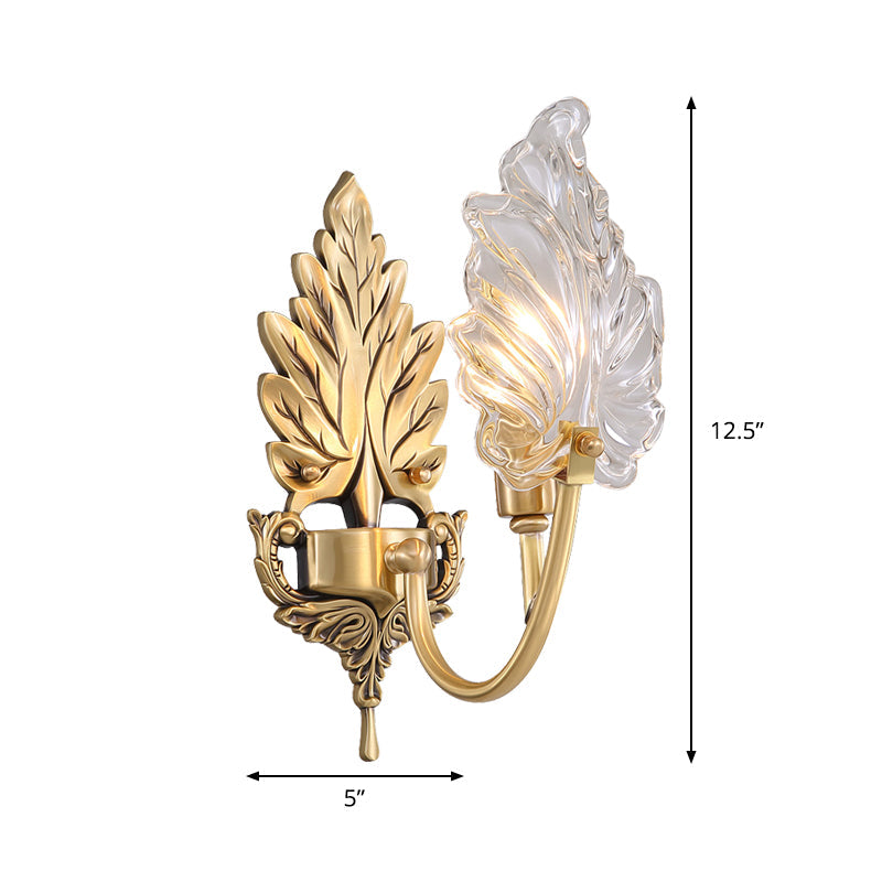 Traditionelle Palmblatt-Wandleuchte 1/2 Lichter Klarglas Wandbeleuchtung Idee mit gewölbtem Arm in Messing