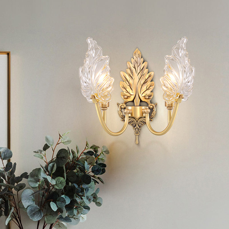 Traditionelle Palmblatt-Wandleuchte 1/2 Lichter Klarglas Wandbeleuchtung Idee mit gewölbtem Arm in Messing
