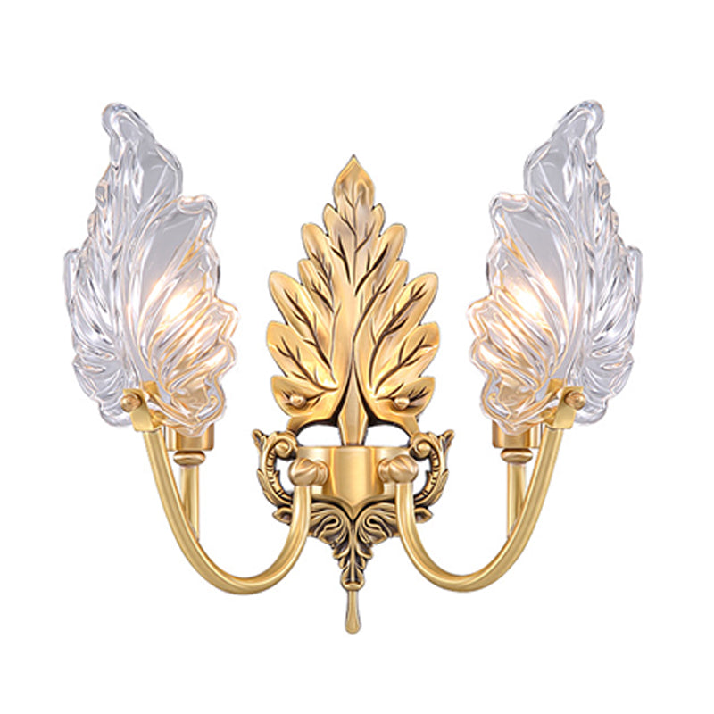 Traditionelle Palmblatt-Wandleuchte 1/2 Lichter Klarglas Wandbeleuchtung Idee mit gewölbtem Arm in Messing