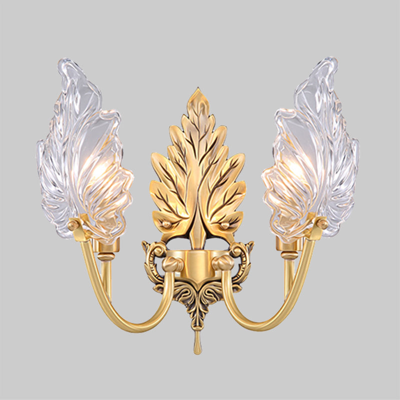 Traditionelle Palmblatt-Wandleuchte 1/2 Lichter Klarglas Wandbeleuchtung Idee mit gewölbtem Arm in Messing