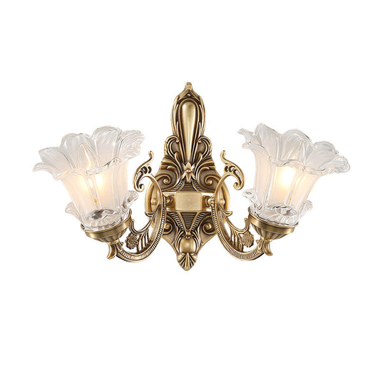 Frendorf | 1/2-Head Floral Wandlamp Vintage Messing Duidelijk Gevlokt Glas Gebogen Arm Wandlamp Verlichting voor Woonkamer