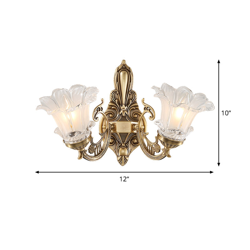 Frendorf | 1/2-Head Floral Wandlamp Vintage Messing Duidelijk Gevlokt Glas Gebogen Arm Wandlamp Verlichting voor Woonkamer