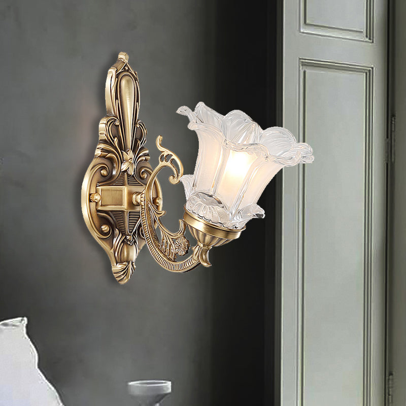 Frendorf | 1/2-Head Floral Wandlamp Vintage Messing Duidelijk Gevlokt Glas Gebogen Arm Wandlamp Verlichting voor Woonkamer