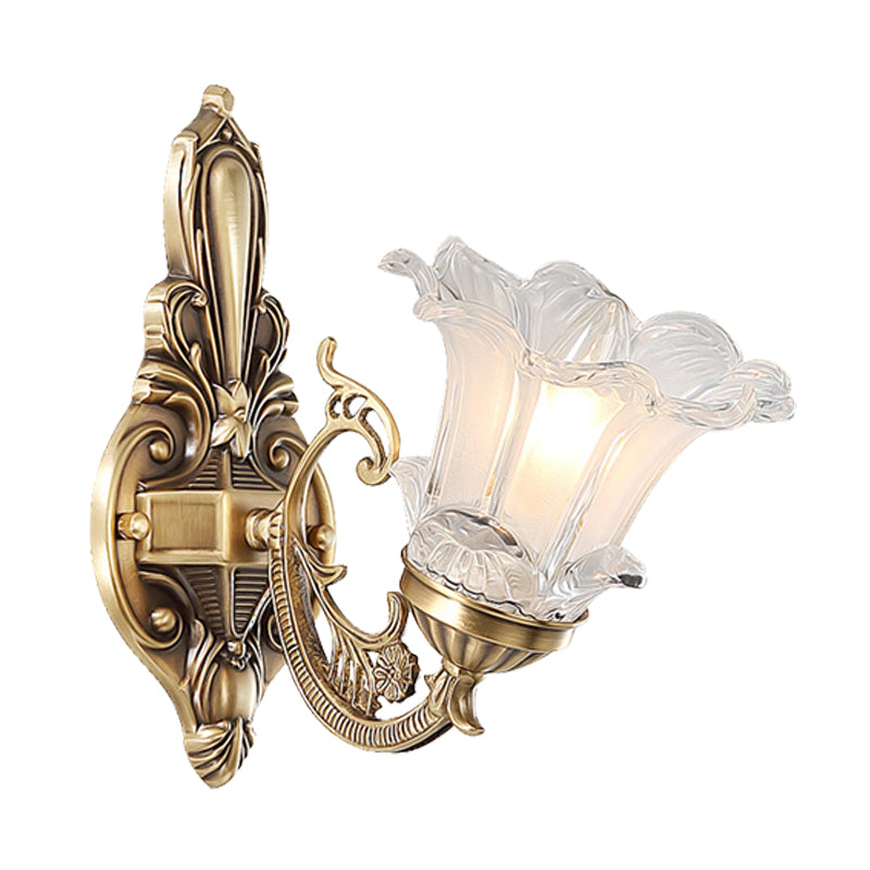 Frendorf | 1/2-Head Floral Wandlamp Vintage Messing Duidelijk Gevlokt Glas Gebogen Arm Wandlamp Verlichting voor Woonkamer