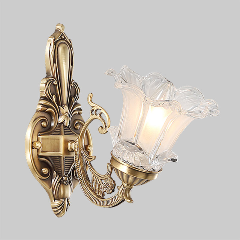 Frendorf | 1/2-Head Floral Wandlamp Vintage Messing Duidelijk Gevlokt Glas Gebogen Arm Wandlamp Verlichting voor Woonkamer
