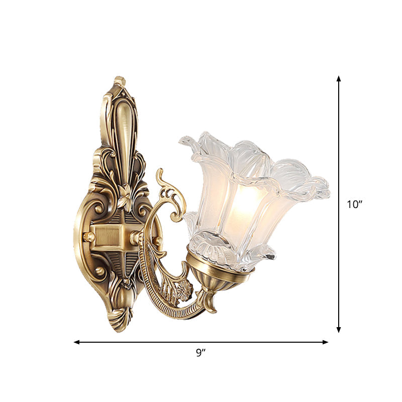Frendorf | 1/2-Head Floral Wandlamp Vintage Messing Duidelijk Gevlokt Glas Gebogen Arm Wandlamp Verlichting voor Woonkamer