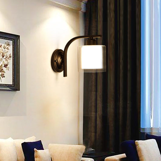 Frendorf | Inner Cylinder Klarglas Wandlamp Industrieel Enkele Bulb Slaapkamer Wandlicht met Gebogen Arm in Zwart