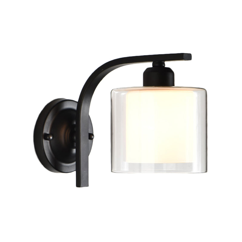 Frendorf | Inner Cylinder Klarglas Wandlamp Industrieel Enkele Bulb Slaapkamer Wandlicht met Gebogen Arm in Zwart