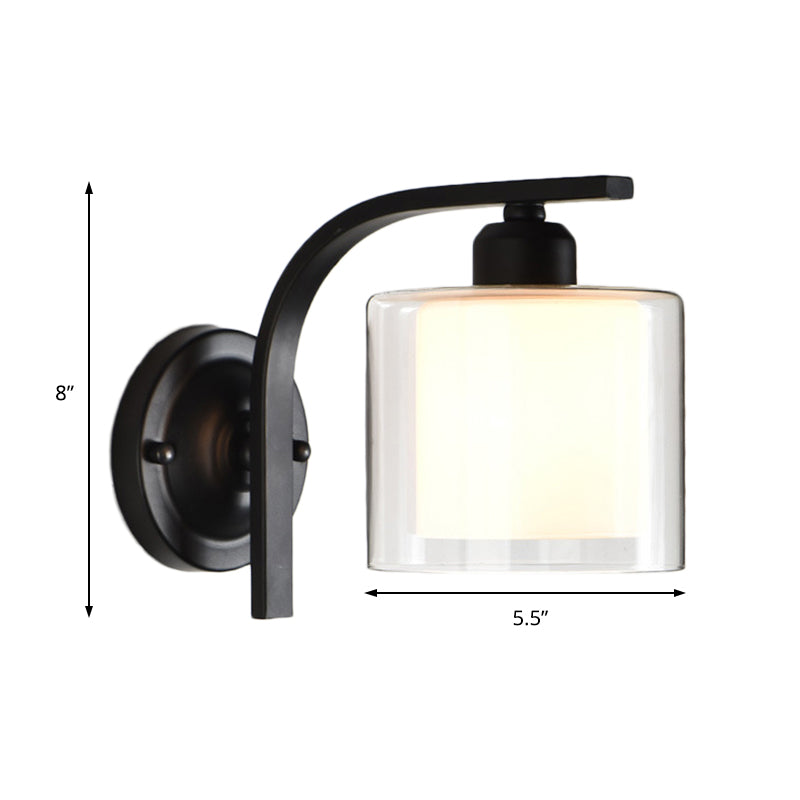 Frendorf | Inner Cylinder Klarglas Wandlamp Industrieel Enkele Bulb Slaapkamer Wandlicht met Gebogen Arm in Zwart