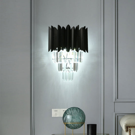 Frendorf | 2 Glühbirnen Kegel Wandmontierte Leuchte Moderne Schwarze Oberfläche Klare Kristallprismen Flush Wand Sconces