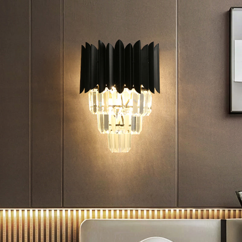 Frendorf | 2 Glühbirnen Kegel Wandmontierte Leuchte Moderne Schwarze Oberfläche Klare Kristallprismen Flush Wand Sconces