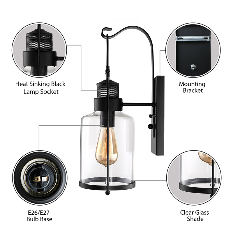 Frendorf | Zylinder klare Glas Wandmontierte Lampe Industrie Einzelne Glühbirne Wohnzimmer Wandleuchte in Schwarz/Weiß/Rost mit Käfig