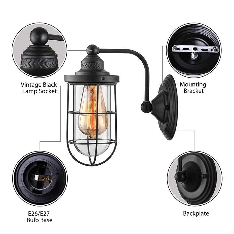 Frendorf | Industriële draadkooi wandverlichting 1/2-lamp heldere glazen wandlamp in zwart voor trap.