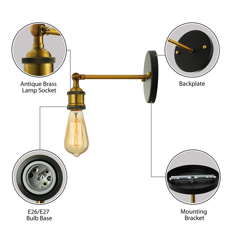 Frendorf | Schwarz/Messing-Finish 1 Kopf Wandlampe Industrieller Metall Mini Wandleuchte mit Nackte Glühbirne für Schlafzimmer