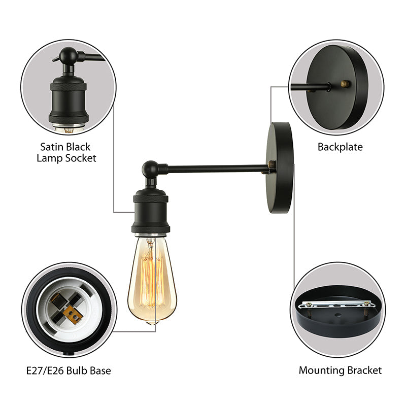 Frendorf | Schwarz/Messing-Finish 1 Kopf Wandlampe Industrieller Metall Mini Wandleuchte mit Nackte Glühbirne für Schlafzimmer