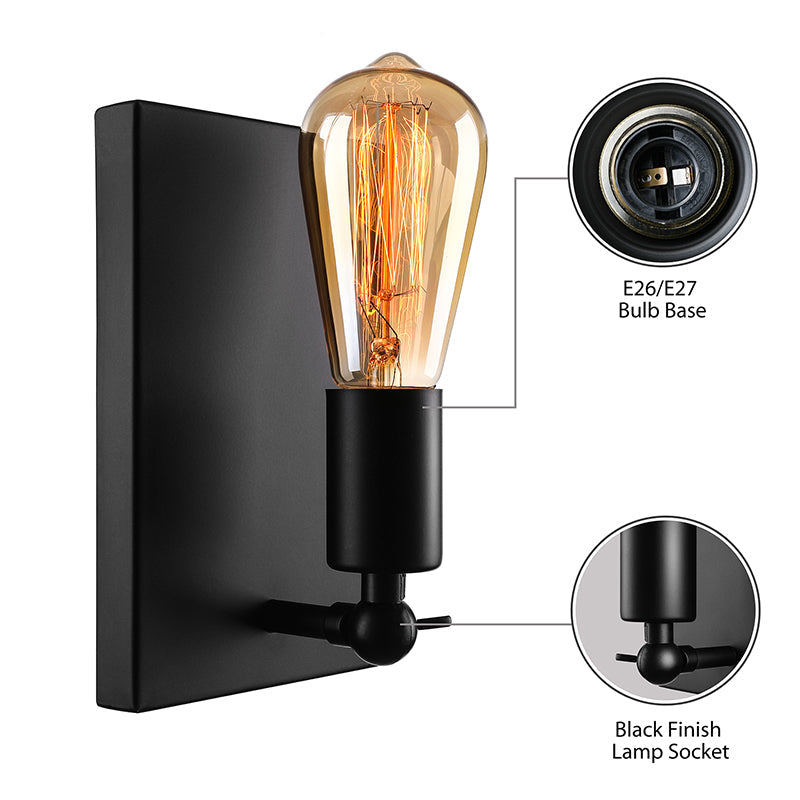 Frendorf | Schwarze rechteckige Rückplatte Wandlampe mit freiliegender Glühbirne Industrie Metall 1 Licht Wandmontage Lampe für Esszimmer