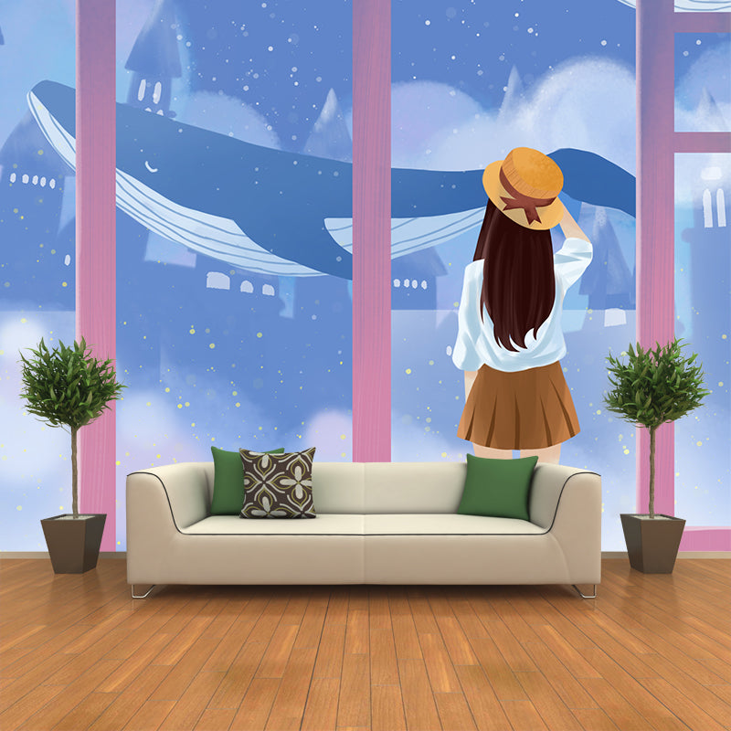 Illustration Mädchen und Wal Wandtattoo Cartoon Vliesstoff Wandkunst, Maßanfertigung