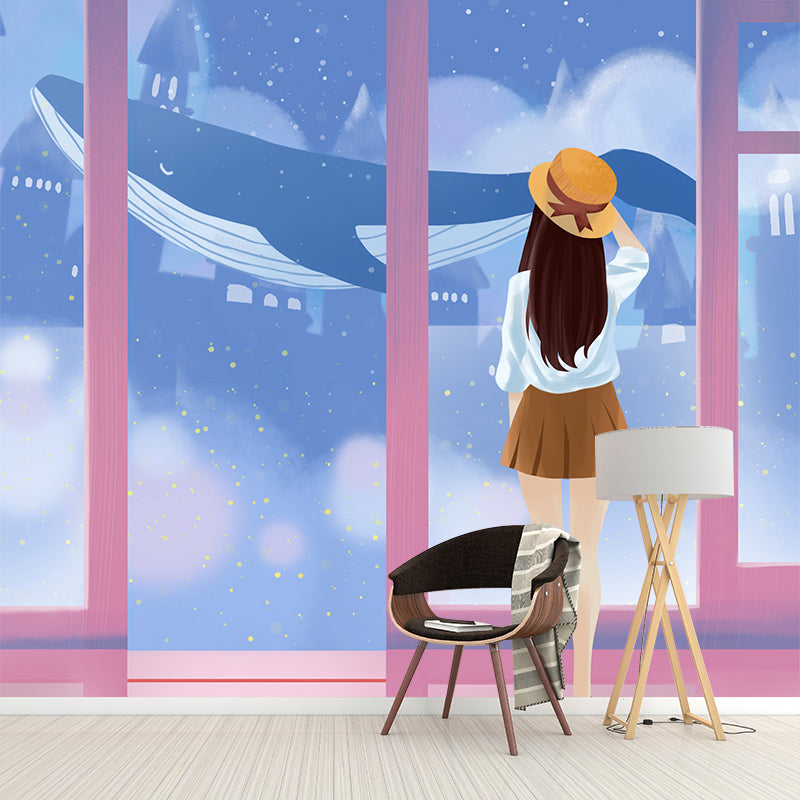 Illustration Mädchen und Wal Wandtattoo Cartoon Vliesstoff Wandkunst, Maßanfertigung