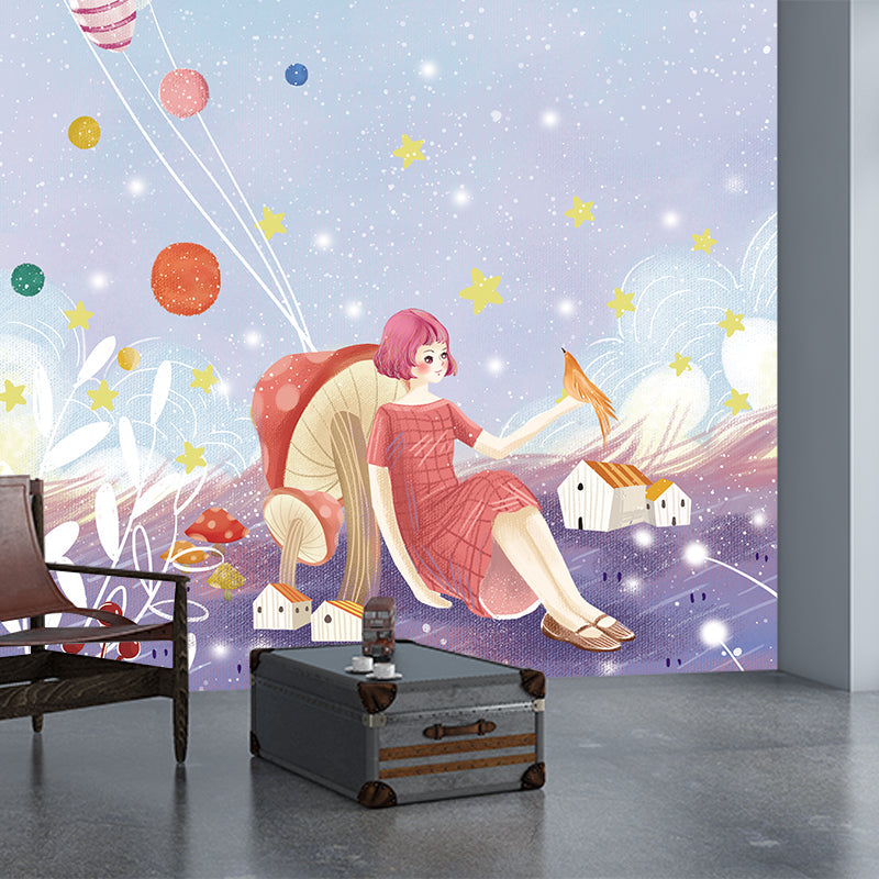 Frendorf | Whole Kids Style Mural Wallpaper Lila-Blau Mädchen Sitzt Gegen Pilz Wandkunst, Optionale Größe