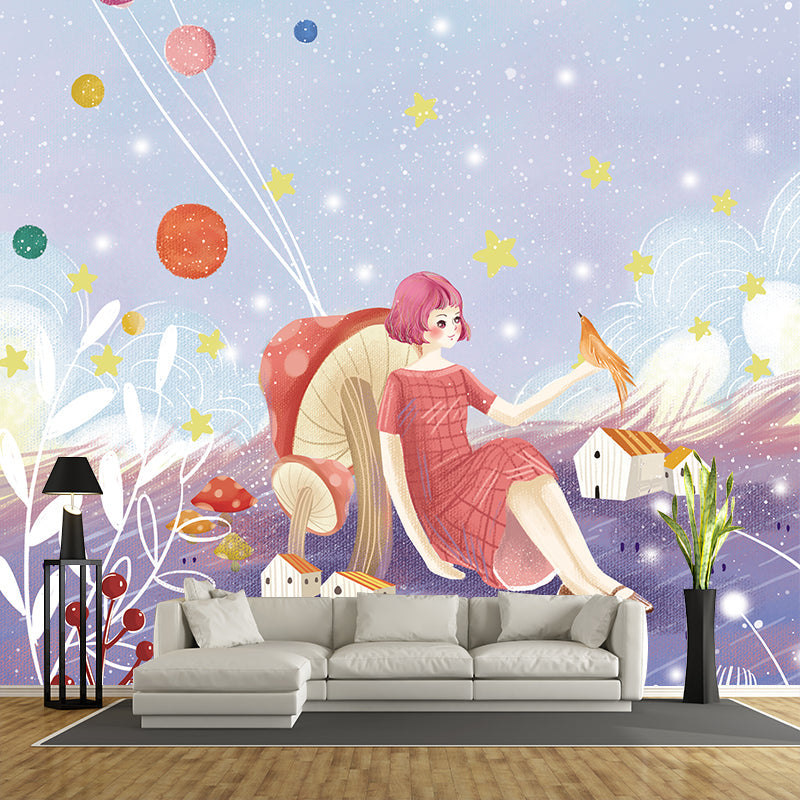 Frendorf | Whole Kids Style Mural Wallpaper Lila-Blau Mädchen Sitzt Gegen Pilz Wandkunst, Optionale Größe