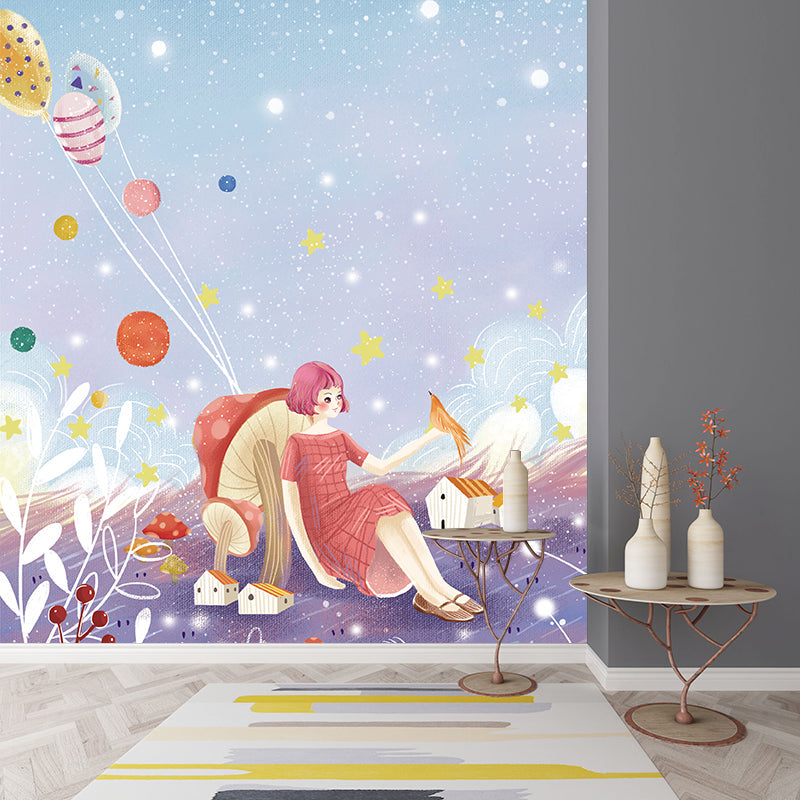 Frendorf | Whole Kids Style Mural Wallpaper Lila-Blau Mädchen Sitzt Gegen Pilz Wandkunst, Optionale Größe