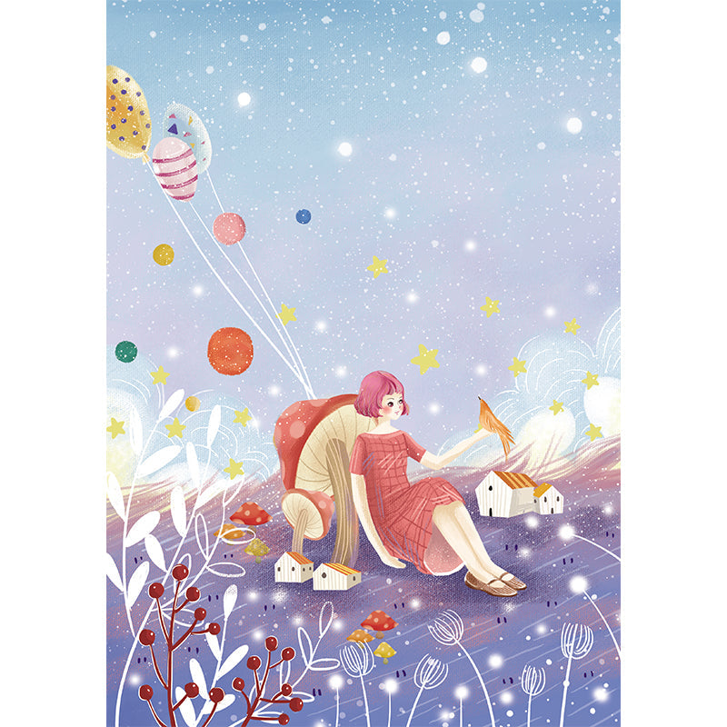 Frendorf | Whole Kids Style Mural Wallpaper Lila-Blau Mädchen Sitzt Gegen Pilz Wandkunst, Optionale Größe