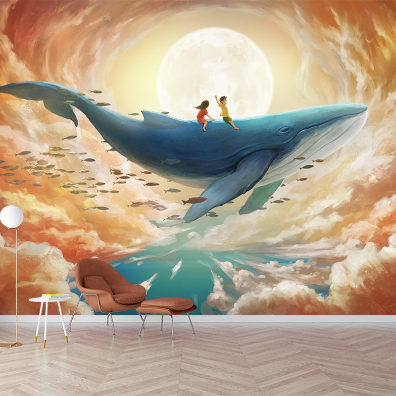 Frendorf | Smooth Whole Yellow-Blue Mural Kinderkunst Kinderreise mit Wal unter Supermond Wandverkleidung, Maßanfertigung