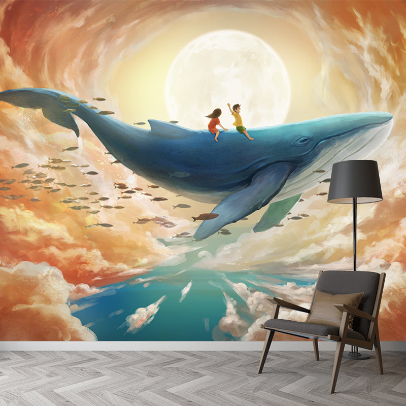 Frendorf | Smooth Whole Yellow-Blue Mural Kinderkunst Kinderreise mit Wal unter Supermond Wandverkleidung, Maßanfertigung