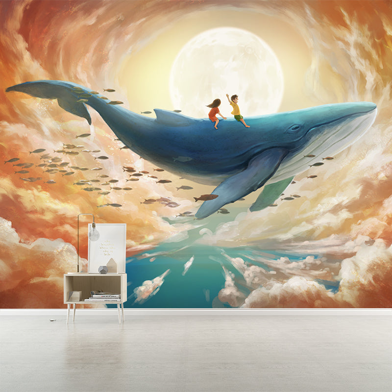 Frendorf | Smooth Whole Yellow-Blue Mural Kinderkunst Kinderreise mit Wal unter Supermond Wandverkleidung, Maßanfertigung