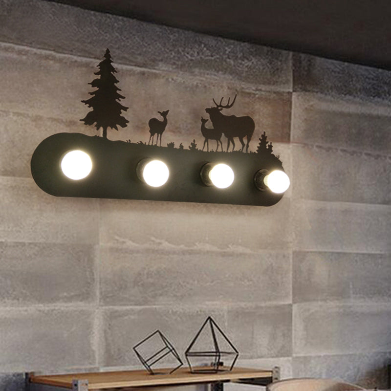 Frendorf | Lodge Open Bulb Wandlamp met Elkhert/Paard/Schaap/Berg/Windmolen/Boom Ontwerp 4 Gloeilampen Metalen Wandlamp in Zwart voor Binnen