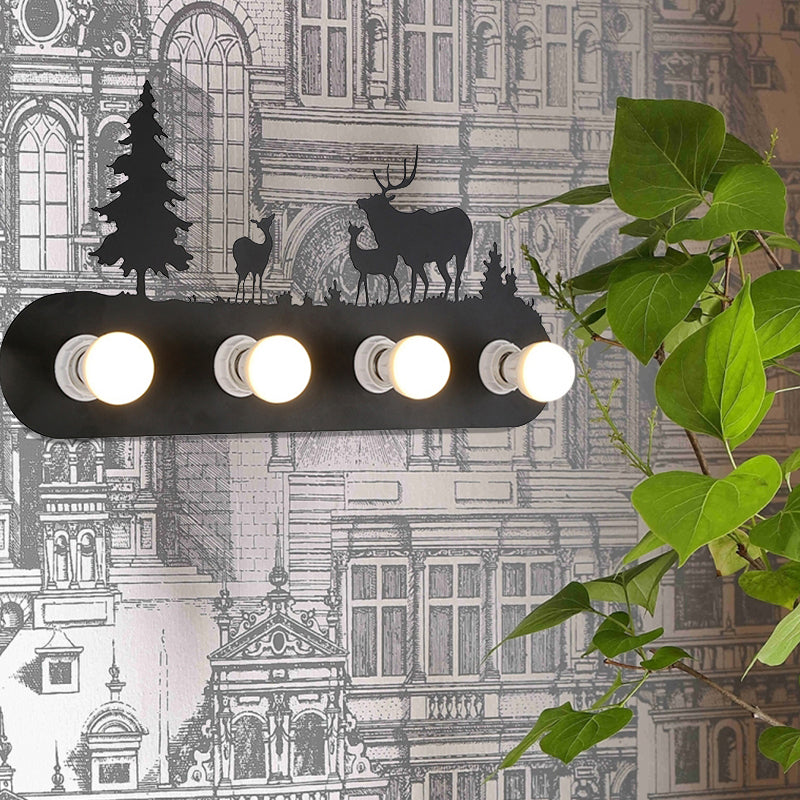 Frendorf | Lodge Open Bulb Wandlamp met Elkhert/Paard/Schaap/Berg/Windmolen/Boom Ontwerp 4 Gloeilampen Metalen Wandlamp in Zwart voor Binnen