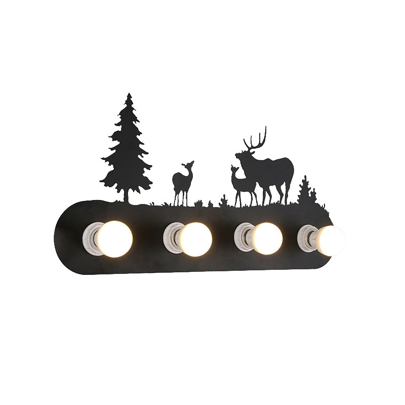 Frendorf | Lodge Open Bulb Wandlamp met Elkhert/Paard/Schaap/Berg/Windmolen/Boom Ontwerp 4 Gloeilampen Metalen Wandlamp in Zwart voor Binnen