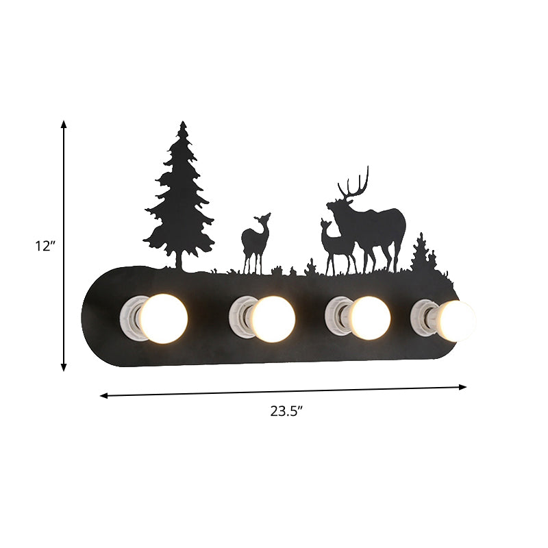Frendorf | Lodge Open Bulb Wandlamp met Elkhert/Paard/Schaap/Berg/Windmolen/Boom Ontwerp 4 Gloeilampen Metalen Wandlamp in Zwart voor Binnen
