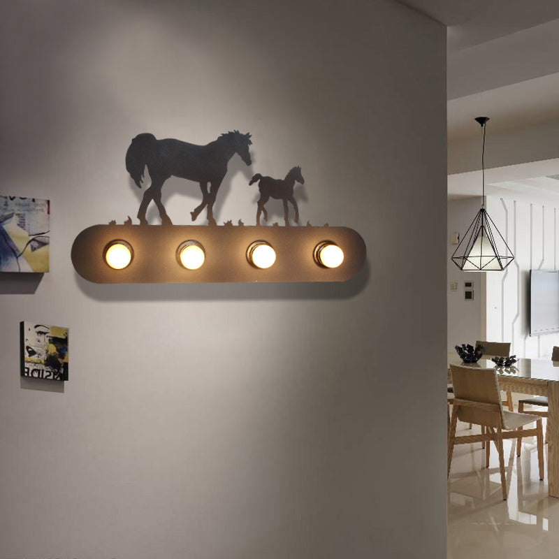 Frendorf | Lodge Open Bulb Wandlamp met Elkhert/Paard/Schaap/Berg/Windmolen/Boom Ontwerp 4 Gloeilampen Metalen Wandlamp in Zwart voor Binnen
