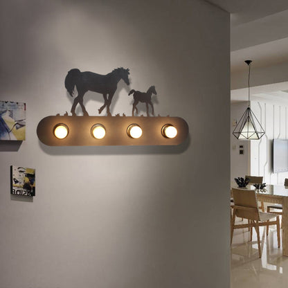 Frendorf | Lodge Open Bulb Wandlamp met Elkhert/Paard/Schaap/Berg/Windmolen/Boom Ontwerp 4 Gloeilampen Metalen Wandlamp in Zwart voor Binnen