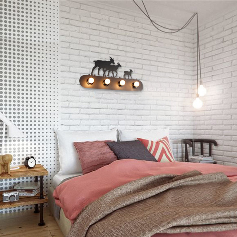 Frendorf | Lodge Open Bulb Wandlamp met Elkhert/Paard/Schaap/Berg/Windmolen/Boom Ontwerp 4 Gloeilampen Metalen Wandlamp in Zwart voor Binnen