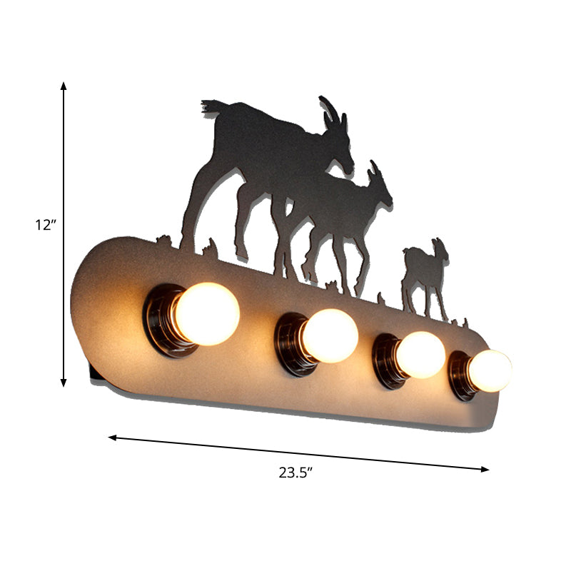Frendorf | Lodge Open Bulb Wandlamp met Elkhert/Paard/Schaap/Berg/Windmolen/Boom Ontwerp 4 Gloeilampen Metalen Wandlamp in Zwart voor Binnen