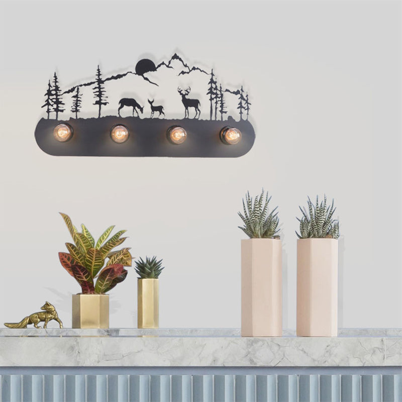 Frendorf | Lodge Open Bulb Wandlamp met Elkhert/Paard/Schaap/Berg/Windmolen/Boom Ontwerp 4 Gloeilampen Metalen Wandlamp in Zwart voor Binnen