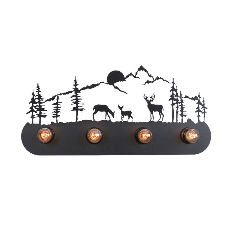 Frendorf | Lodge Open Bulb Wandlamp met Elkhert/Paard/Schaap/Berg/Windmolen/Boom Ontwerp 4 Gloeilampen Metalen Wandlamp in Zwart voor Binnen