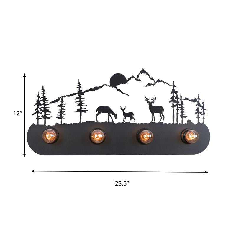 Frendorf | Lodge Open Bulb Wandlamp met Elkhert/Paard/Schaap/Berg/Windmolen/Boom Ontwerp 4 Gloeilampen Metalen Wandlamp in Zwart voor Binnen