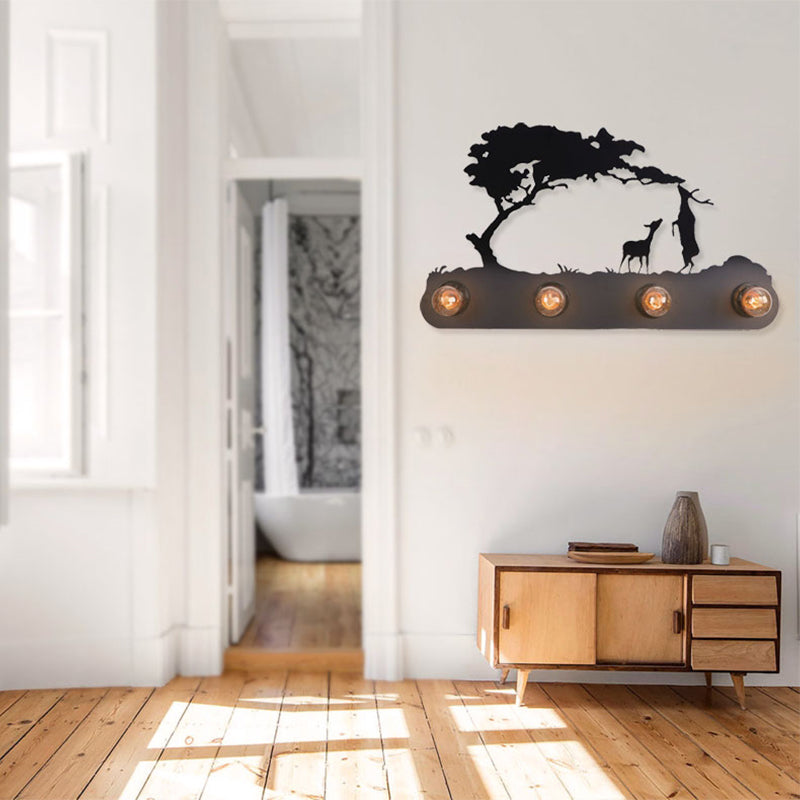 Frendorf | Lodge Open Bulb Wandlamp met Elkhert/Paard/Schaap/Berg/Windmolen/Boom Ontwerp 4 Gloeilampen Metalen Wandlamp in Zwart voor Binnen