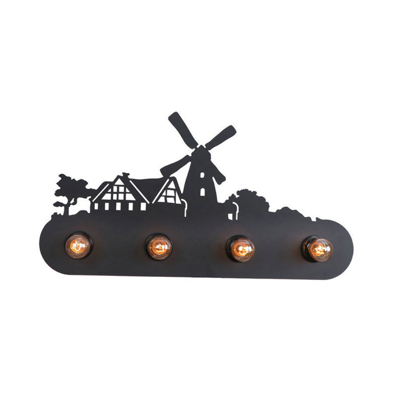 Frendorf | Lodge Open Bulb Wandlamp met Elkhert/Paard/Schaap/Berg/Windmolen/Boom Ontwerp 4 Gloeilampen Metalen Wandlamp in Zwart voor Binnen