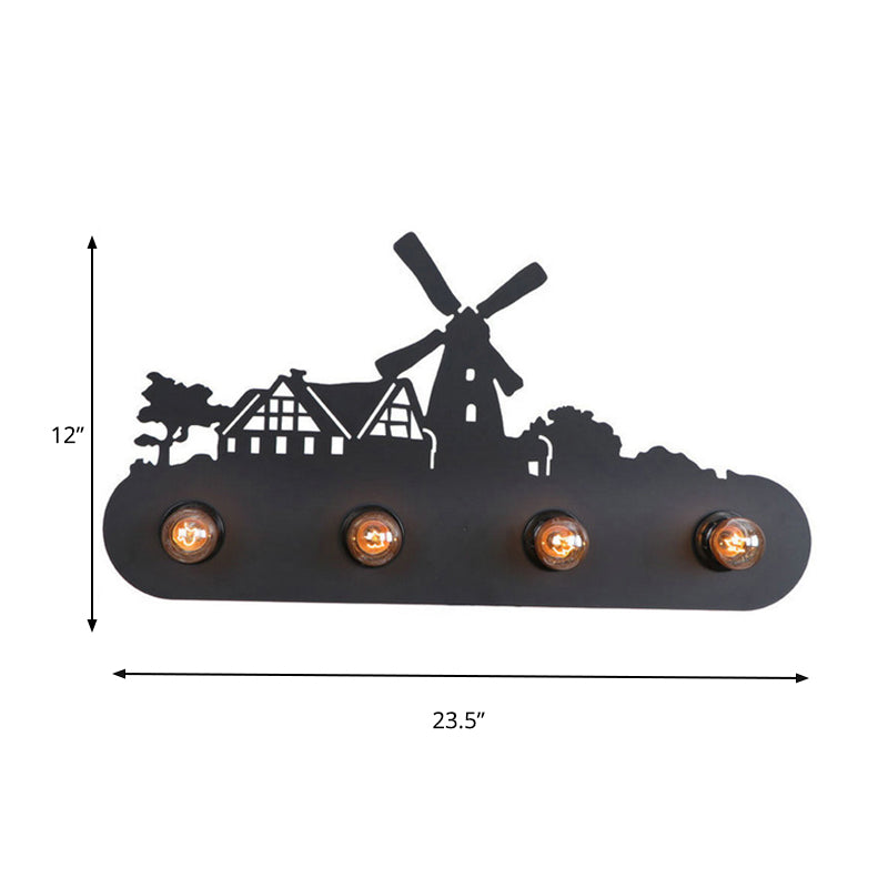 Frendorf | Lodge Open Bulb Wandlamp met Elkhert/Paard/Schaap/Berg/Windmolen/Boom Ontwerp 4 Gloeilampen Metalen Wandlamp in Zwart voor Binnen