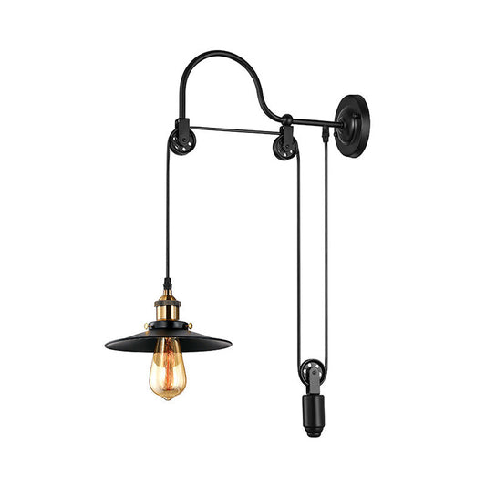 Frendorf | 1 Bulb Flat Wandlamp Industrieel Stijl Zwart Metallic Verstelbare Wandverlichting Fixture met Pulley Ontwerp