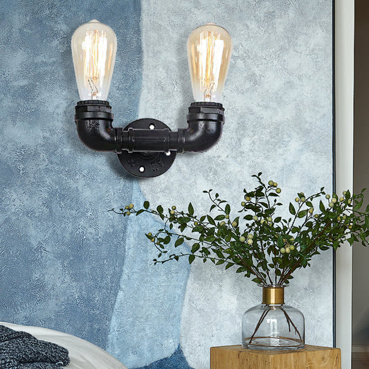 Frendorf | 2 Köpfe Metall Wandmontage Licht Industrie Schwarz/Antik Messing Wasserrohr Wohnzimmer Wandleuchte