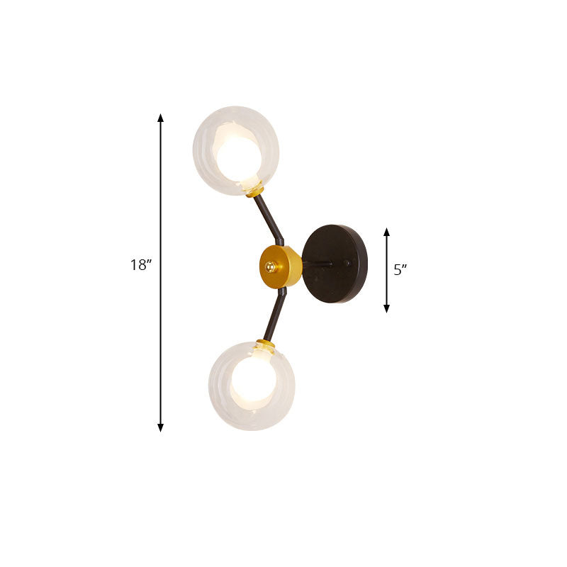 Frendorf | 2 Lichter Schlafzimmer Wandleuchte mit globalem klarem Glasschirm Moderne schwarze LED-Wandmontageleuchte